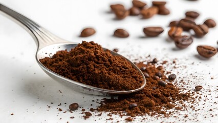 Ground coffee in spoon with scattered coffee beans on white background. Created with Ai