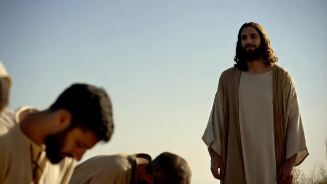 Jesus christ, wearing a long robe, stands serenely while his disciples bow their heads in prayer, possibly seeking guidance or expressing reverence. Religious concept of Easter