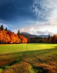 A stunning autumn landscape unfolds with a vibrant meadow leading into a dense forest of orange and red foliage. Behind the treeline, mountains rise under a partly cloudy blue sky.