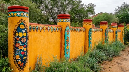 Mexican adobe wall fence with colorful painted designs.