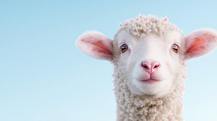Fototapeta premium Fluffy white lamb looks curiously at the camera against a clean light blue background.