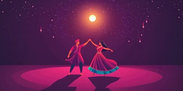 Garba Night Party Celebration Background With Indian Young Couple Dancing And Event Details.