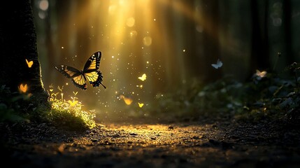 Magical butterfly in sunlit forest.