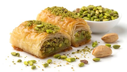 Baklava Wrapped in Pistachio &ndash; Traditional Mediterranean Dessert on White Background