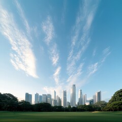 Fototapeta premium skyline with skyscrapers over lush green field on a sunny day