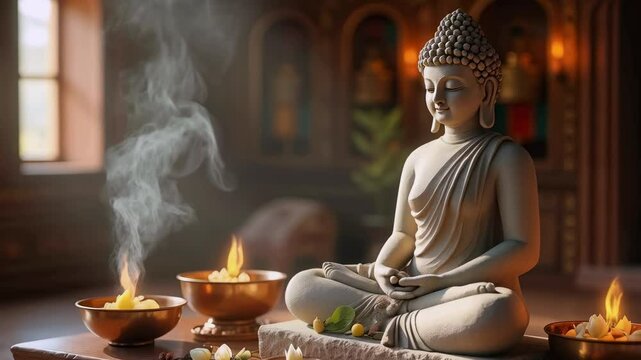 Buddha statue sits in tranquil contemplation, surrounded by glowing bowls filled with flowers and incense smoke. Soft light highlights the serene atmosphere of the meditation space