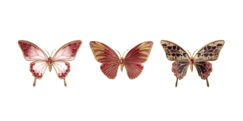A set of three red and pink butterfly brooches with gold inlay  transparent background