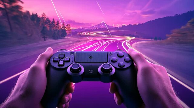 Person Holding Video Game Controller, Purple Pink Sunset, Night Road, Mountain Background