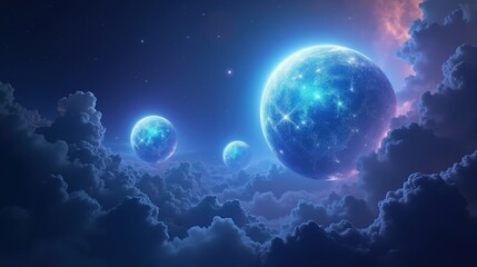 Obraz premium A cluster of massive blue hypergiant stars, their radiant energy casting deep Magical Realism indigo and violet hues, cosmic winds sculpting abstract patterns in surrounding dust clouds.