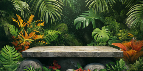 Stone tabletop podium in vibrant tropical garden, forest