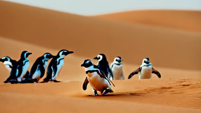 Endangered african penguins navigating sandy terrain, showcasing wildlife resilience in challenging desert landscape with unexpected movement and survival instincts. Surreal scene