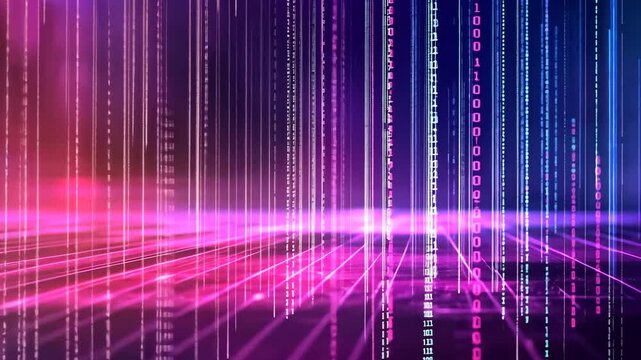 Pink Purple Blue Digital Rain Binary Code Glowing Grid Abstract Background