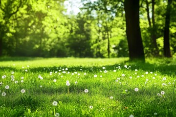 Fototapeta premium Sunny meadow with dandelions in vibrant green forest