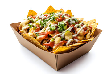High-quality photo of a box of crispy nachos served with guacamole and assorted dipping sauces. The vibrant colors and textures make it an appetizing scene