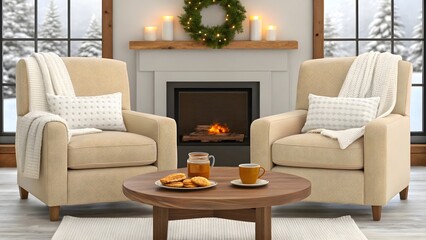Interior of a cozy living room with armchairs and fireplace with two yellow arm chair and wooden table. Created with Ai