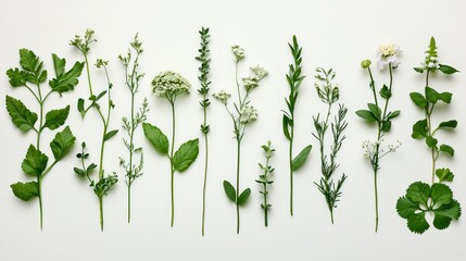 Variety of fresh herbs on white background for cooking and gardening