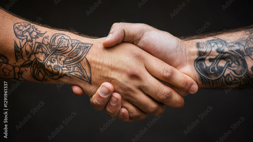 Poster two tattooed men shaking hands, creating a powerful image of connection and agreement on a dark back