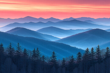 Obraz premium Serene sunset over layered mountain ranges with misty valleys and silhouetted trees