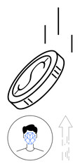Coin falling with detailed facial recognition grid on human face and upward-moving arrow. Ideal for technology, identity, finance, AI, biometrics, innovation, abstract line flat metaphor