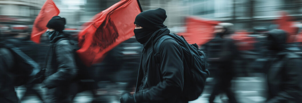 antifa march, side view, side profile, long shot, motion blur