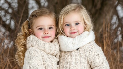 Two young girls in winter sweaters, snowy background, portraits, family photo