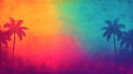 Obraz premium Palm trees silhouettes on a vibrant, abstract, colorful tropical background, usable as wallpaper