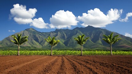 Palm trees standing in a field with mountains and clouds in the background, promoting travel and nature