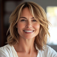 Fototapeta premium Radiant woman with blonde hair smiling naturally in warm sunlight portrait