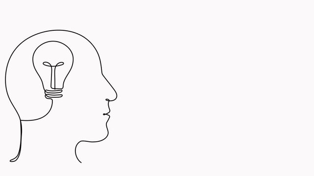Human head with lightbulb and target with arrow continuous line drawing animation. Creative idea process and achieve goal concept animated video.