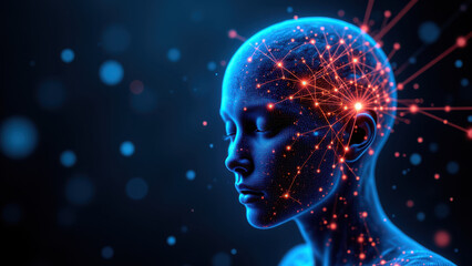 Artistic representation of artificial general intelligence (AGI) with a human head composed of stars and particles against a cosmic background.