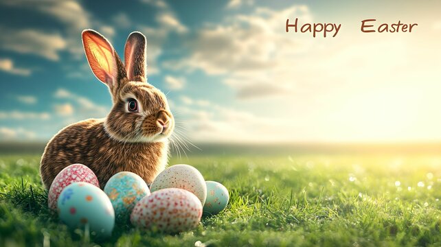 An Easter poster with flowers, grass, bunnies, colorful eggs and the text "Happy Easter".