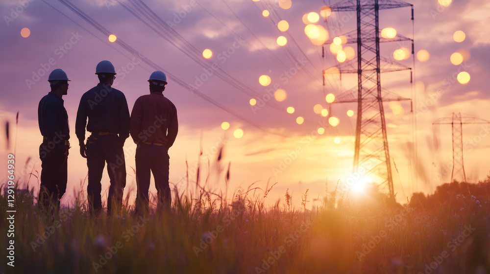 Poster three electrical engineers are standing in a field, observing high voltage power lines at sunset