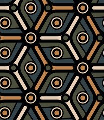 Abstract colorful seamless pattern with a contemporary ethnic design of geometric elements on a black background. Modern African style. Vector illustration.