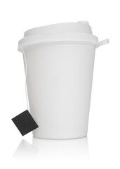 Disposable paper cup with tea bag isolated on white background