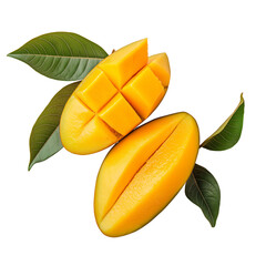 Mango slices, freshly cut in half, with mango fruit on a transparent  background png