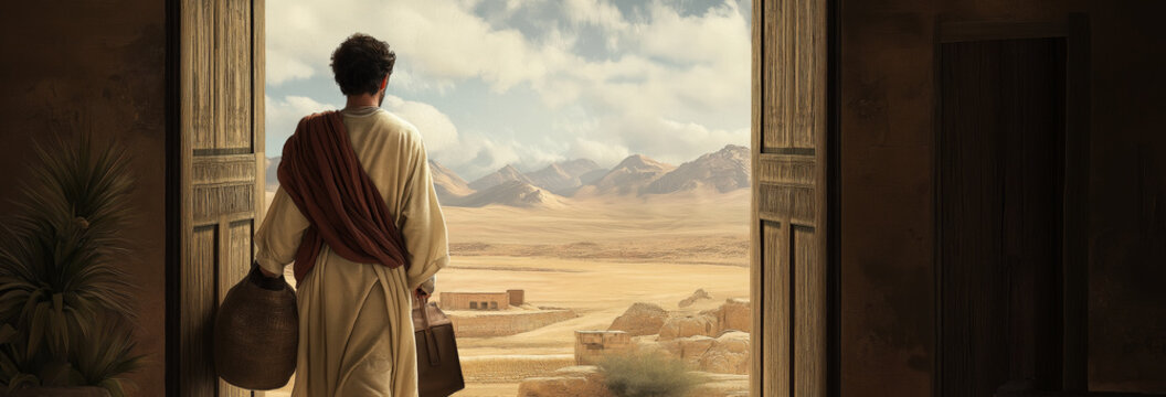  prodigal son leaving his family home with his belongings.  Biblical story