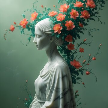 Floral Sculpture Art &ndash; Exploring the fusion of classical statues and nature-inspired floral elements.