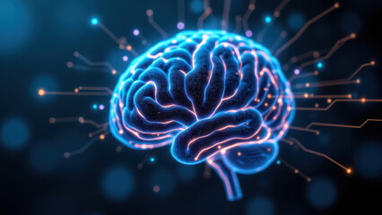 A stylized depiction of a human brain with neural connections, representing artificial general intelligence or AGI.