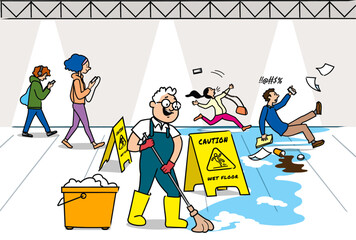 Personal de limpieza trapeando el piso, y personas resbalando por no atender a las se&ntilde;ales de atenci&oacute;n e ir distra&iacute;das sin escuchar y viendo el celular. Ideal para estudio de caso.