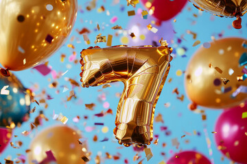 A sparkling gold foil 7 balloon surrounded by shimmering gold balloons and vibrant, swirling confetti, creating a dynamic, festive atmosphere perfect for celebrating milestone events and promotions