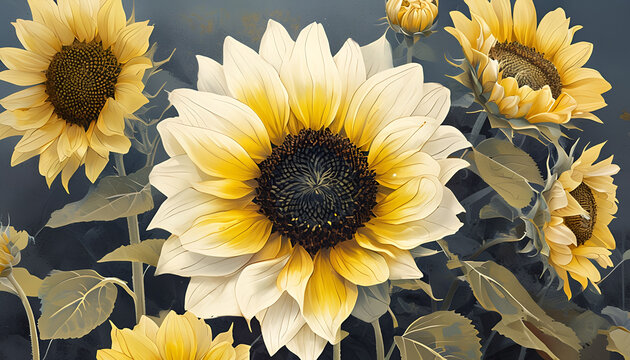 campo pieno di girasole dai delicati petali gialli, field full of sunflower with delicate yellow petals