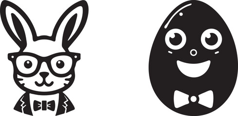 A set of an Easter bunny wearing glasses with a bowtie and a playful Easter Egg.