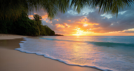 Tropical Sunset Beach Scene with Lush Vegetation
