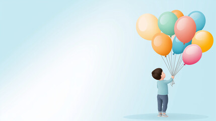 Young boy gripping vibrant balloons against light blue gradient, symbolizing joy, innocence, childhood imagination