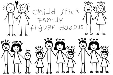 children simple doodle of family figure with writings, messy, minimalistic drawing. Member of families, happy together, smiling, values. Bonding and gathering father, mother, and kids (son, daughter)