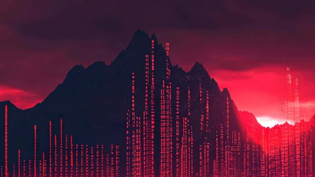 Futuristic landscape featuring mountains and digital data stream in vibrant red tones during dusk