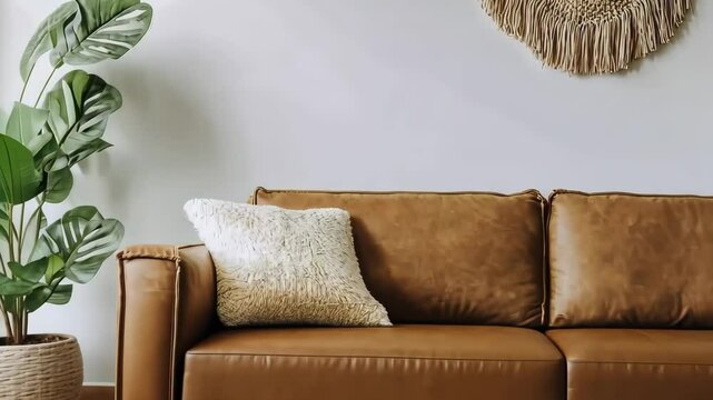 Cozy and modern living room featuring brown leather sofa with decorative pillows and wall hangings