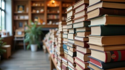 Obraz premium Peaceful Stacks of Books in Cozy Library Corner