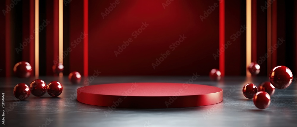 Poster red circle in the center surrounded by multiple red balls on a plain background with photo effect