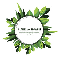 Circle shaped frame of green leaves on white background. Template for poster, card. Gardening concept.